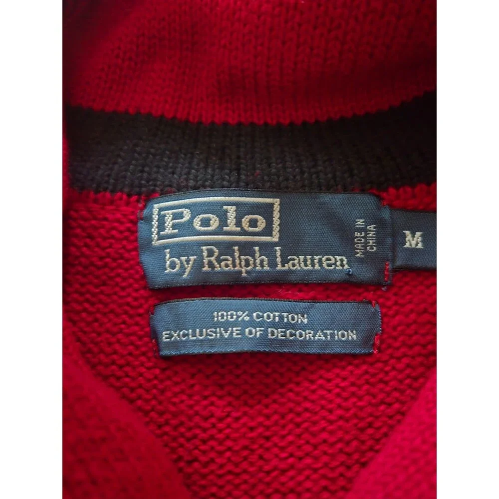 Polo Ralph Lauren Men's Shawl Collar Sweater Red Navy Striped Cotton Size Medium
